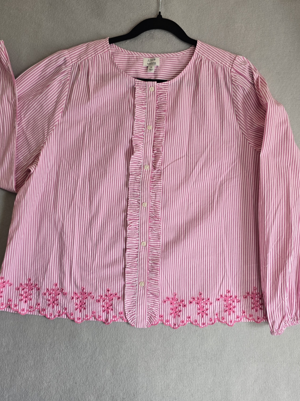 J. Crew XL Pink Striped Button-Front Top with Floral Hem Embroidery Preppy